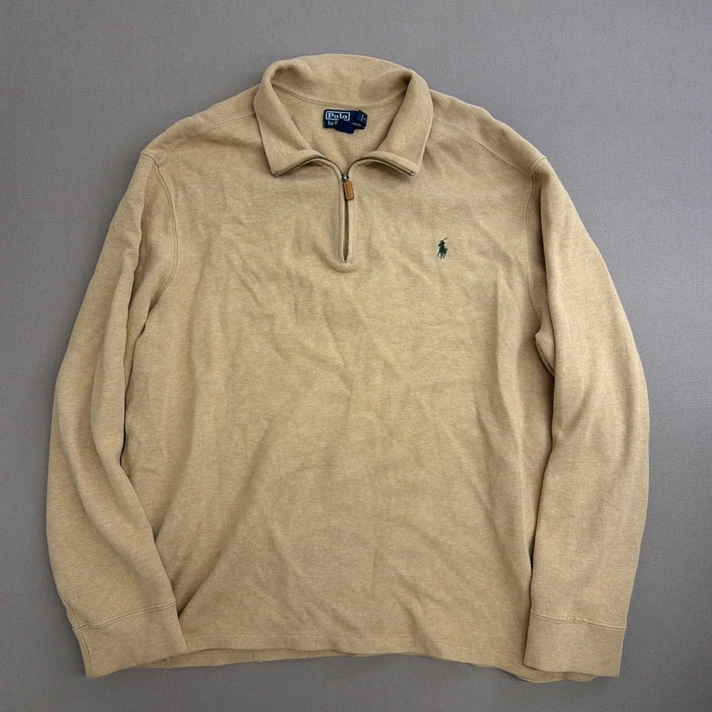 Polo Ralph Lauren Mens XXL Tan Beige 100% Cotton 1/4 Zip Pullover Sweater Ribbed